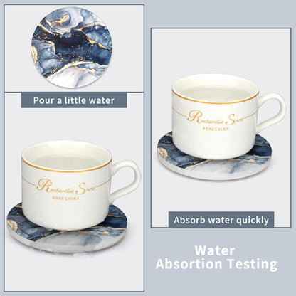 Coasters Set of 6, Navy Blue Marble Abstract Round Ceramic Coasters with Holder, Best Absorbent Drink Coaster Set, Coffee Table Decor for Home Decor House Warming Gifts New Home