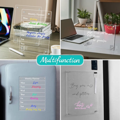 2PCS Clear Acrylic Weekly Dry Erase Board Desktop, 8x6 Small Magnetic Whiteboard with Stand for Table Calendar Memo Board for Fridge, Office, School, Home