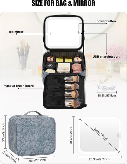 Relavel Travel Makeup Bag With LED Mirror, Cosmetic Train Case with Light up Mirror, Portable Makeup Artist Organizer Bag with Adjustable Dividers, Makeup Brush Holder Storage, Black