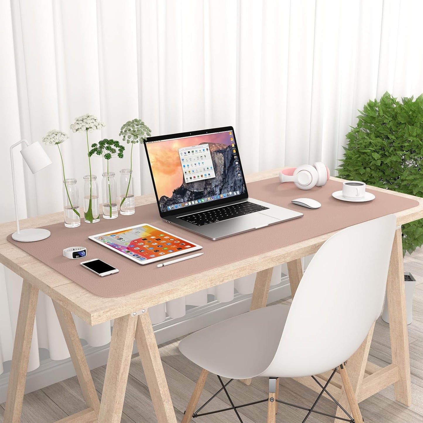 Hsurbtra Desk Pad, 23.6" x 13.8" PU Leather Desk Mat, M Extended Mouse Pad, Waterproof Desktop Blotter Protector, Non-Slip Ultra Thin Small Laptop Keyboard Writing Mat for Office Home, Pink