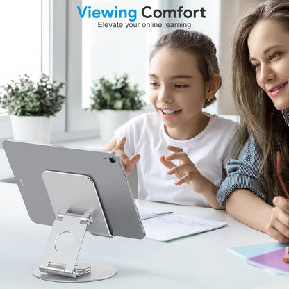 OMOTON T6 Swivel Tablet Stand for iPad with 360 Rotating Base, Foldable Adjustable Holder for Drawing, Compatible with iPad Pro/Air/Mini and More, Silver