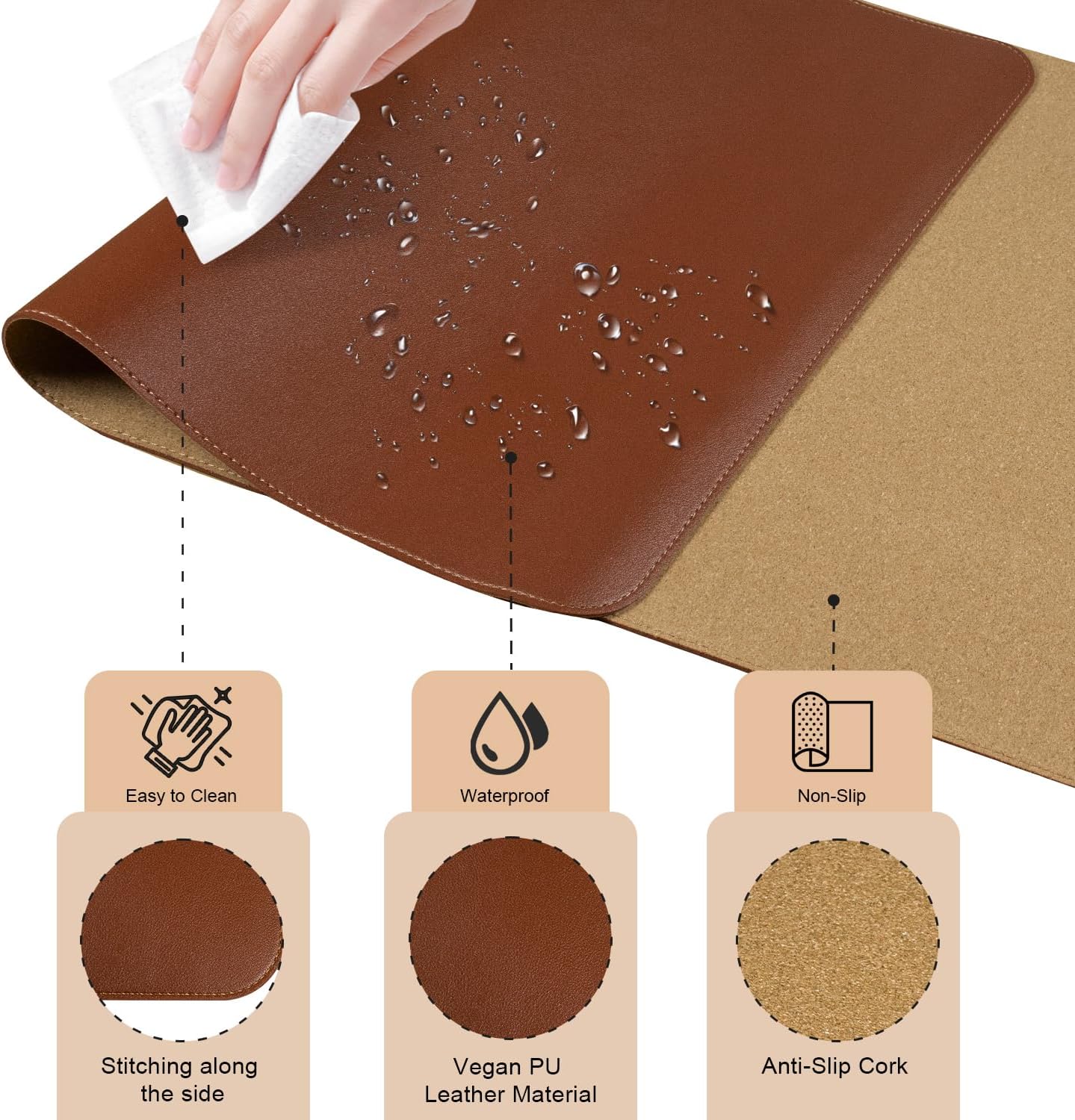 Non Slip Desk Mat, 31.5" x 15.7" PU Leather Desk Pad, Cork Desk Mat for Desktop, Desk Pad for Keyboard and Mouse, Ideal for Office and Home, Black