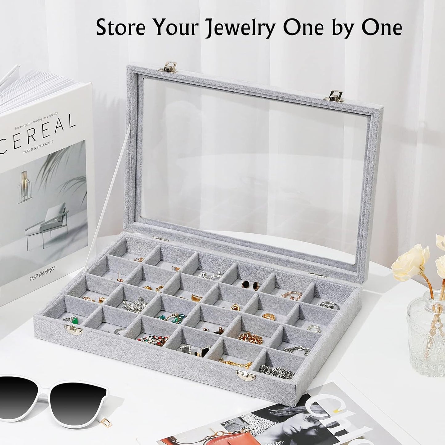 Emibele Glasses Organizer Jewelry Tray, 8 Grids with Clear Lid Velvet Tray Watch Storage Stackable Jewelry Showcase Display Storage with Detachable Inner Dividers, Beige