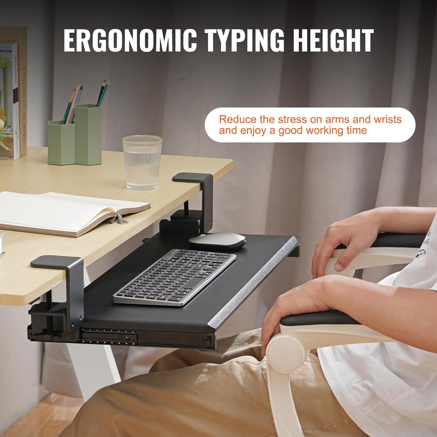 VEVOR Under-Desk Keyboard Tray, Adjustable for Height and Tilt, Slide-Out Design, Spacious 25x9.8 Inch Surface, Ideal for Home and Office Use