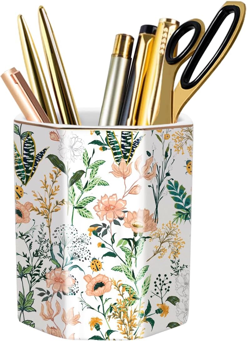 Pen Holder, Pencil Holder for Desk, Marble Desk Organizer Cute, Durable Ceramic Pencil Cup, Decorative Makeup Brush Holder Cup, Stationery Holder for Office, Home, Gray Marble