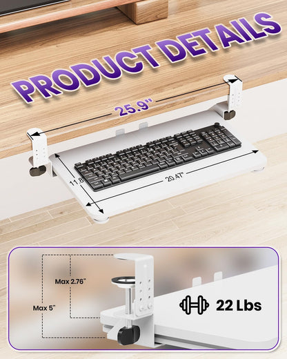 Ergonomic Mouse & Keyboard Tray Under Desk, Pull Out with Adjustable C-clamp, 20 (25.9 Including Clamps) x 11.8 Inch Slide Out Computer Keyboard Drawer Mouse Tray for Typing, Rustic Brown