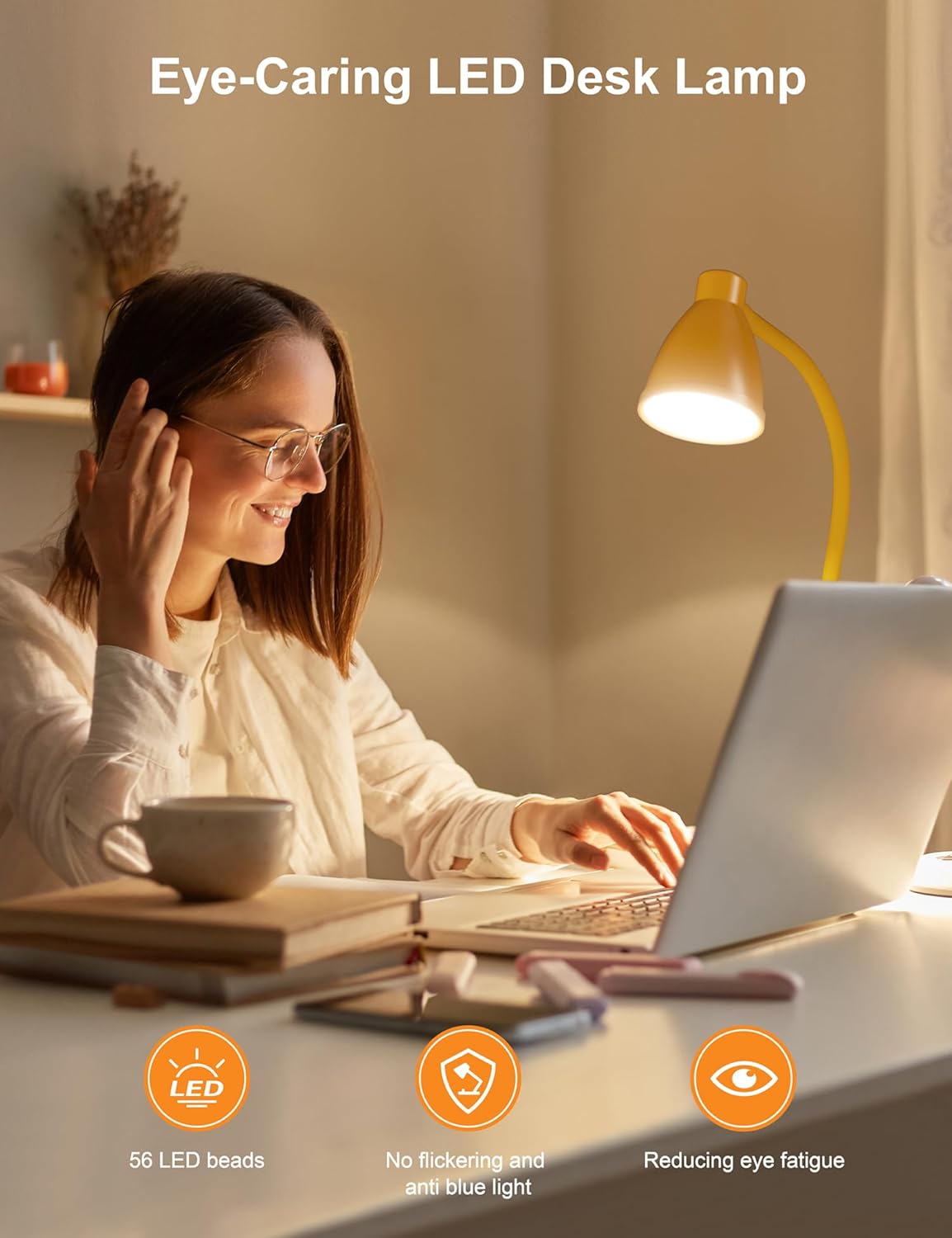 BOHON LED Desk Lamp with USB Charging Port, 3 Color Modes Dimmable Reading Lamp, Auto Dimming Task Lamp, Flexible Neck Table Light for Dorm Bedside, Adapter Include, White