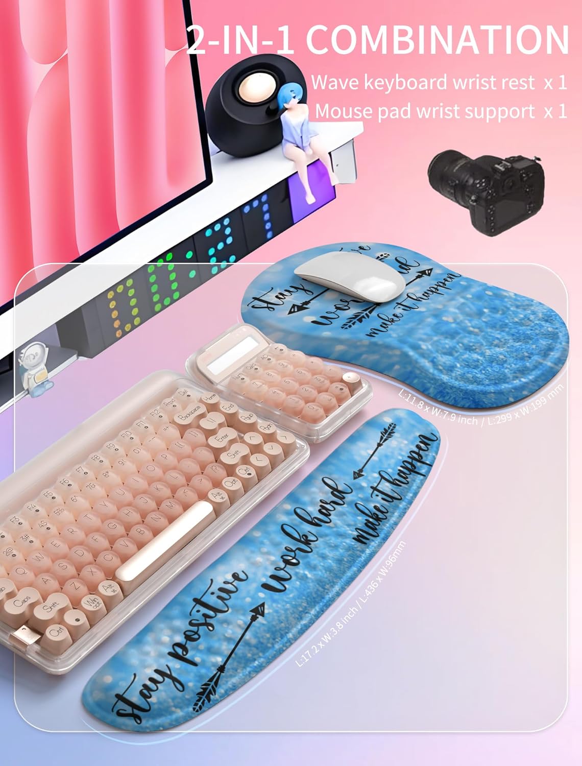 Hokafenle 2in1 Combination, Wave Keyboard Wrist Rest and Ergonomic Curvature Mouse Pad Wrist Support for Relieve Wrist Pain, Filled with Soft Cushion Memory Foam, Black