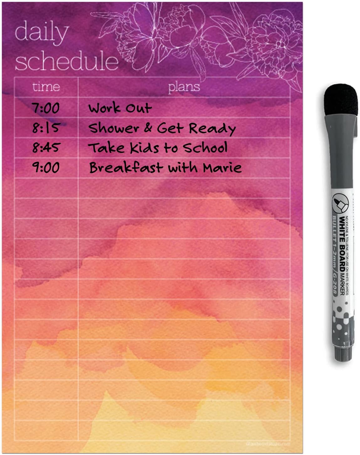 Dry Erase Daily Schedule Planner Sticker Decal by Glassboard Studio | Removable & Reusable | Magnetic Fine-Tip Marker Included (9 x 12 inches, White)