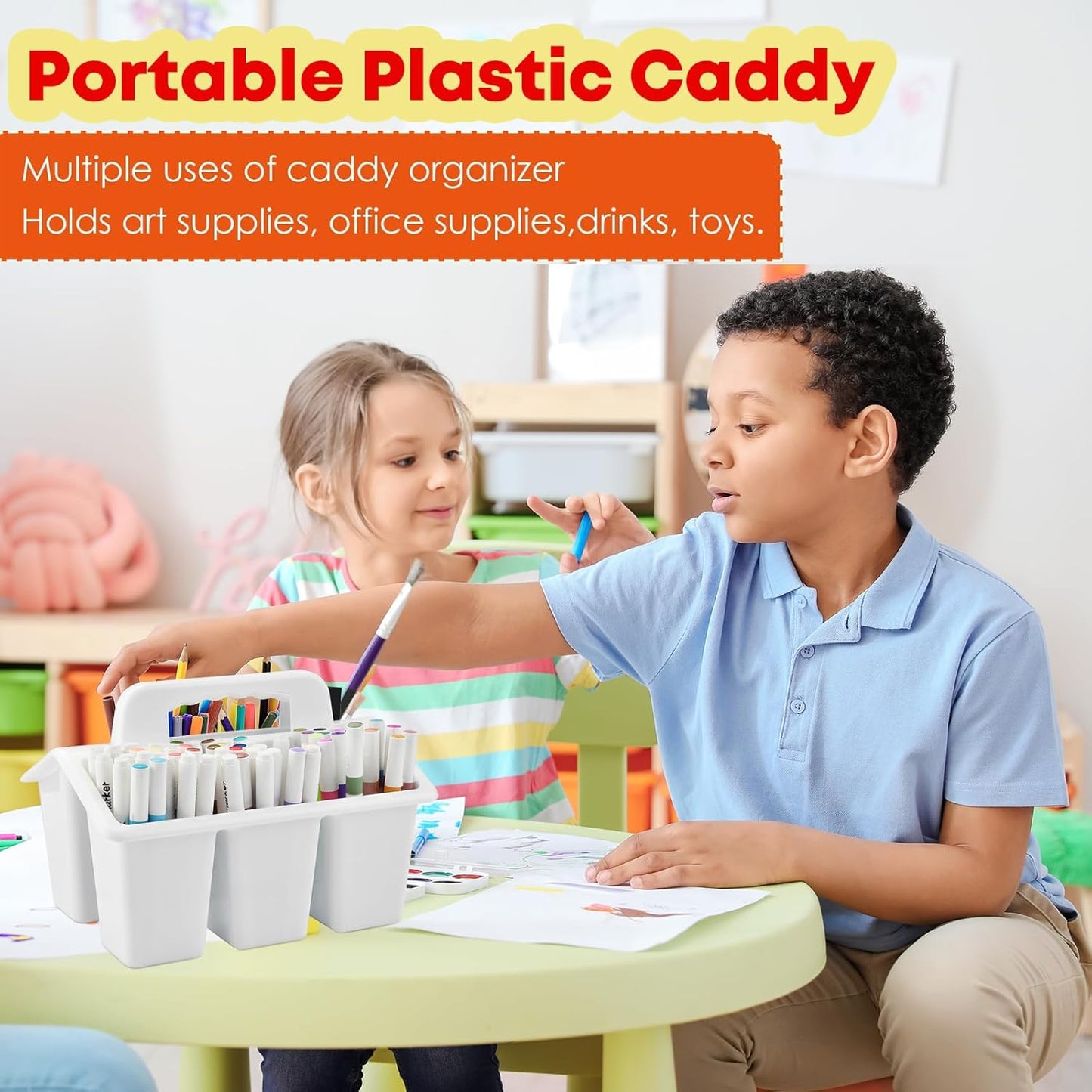 ALINK Classroom Caddy Storage Basket with Handle, 6 Pack Plastic Arts Office Crafts Caddy 4 Compartments for Kids, Pencil, Crayon, Marker, School Supplies - Clear