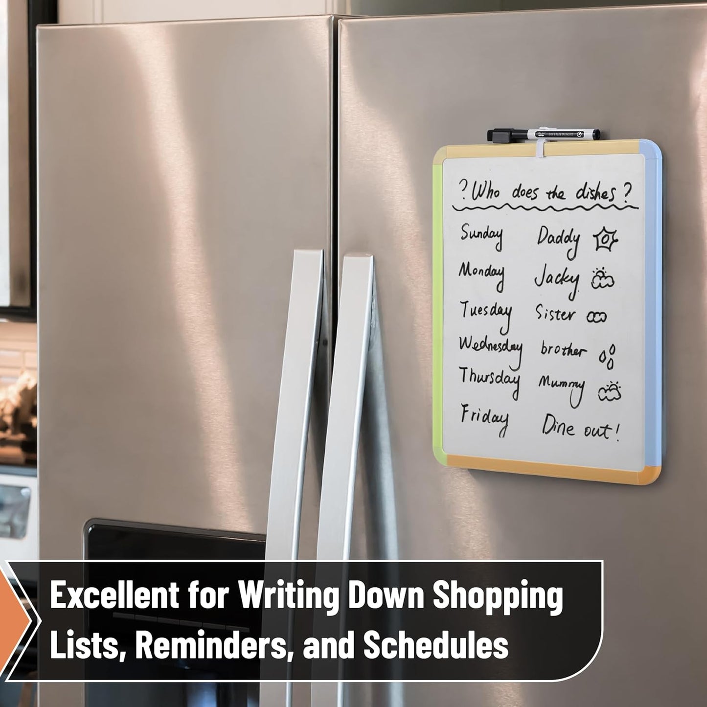 Mr. Pen- Dry Erase Board, 14” x 11” with a Black Dry Erase Marker, White Frame, Small Mini White Board for Students, Fridge, Wall, Locker, Includes Double Sided Tapes