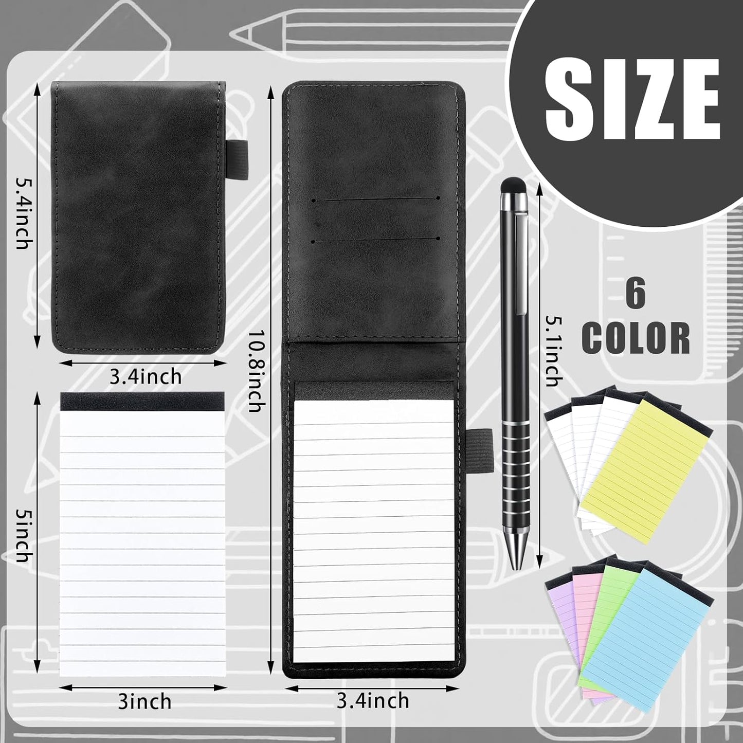 Outus 10 Pcs Mini Pocket Notepad Holder Set Included Small Leather Pocket Notebook Holder with 50 Lined Sheets, Metal Pen, 8 Pcs 3 x 5 Inch Memo Book Refills, 30 Lined Paper Per Note Pad (Black)