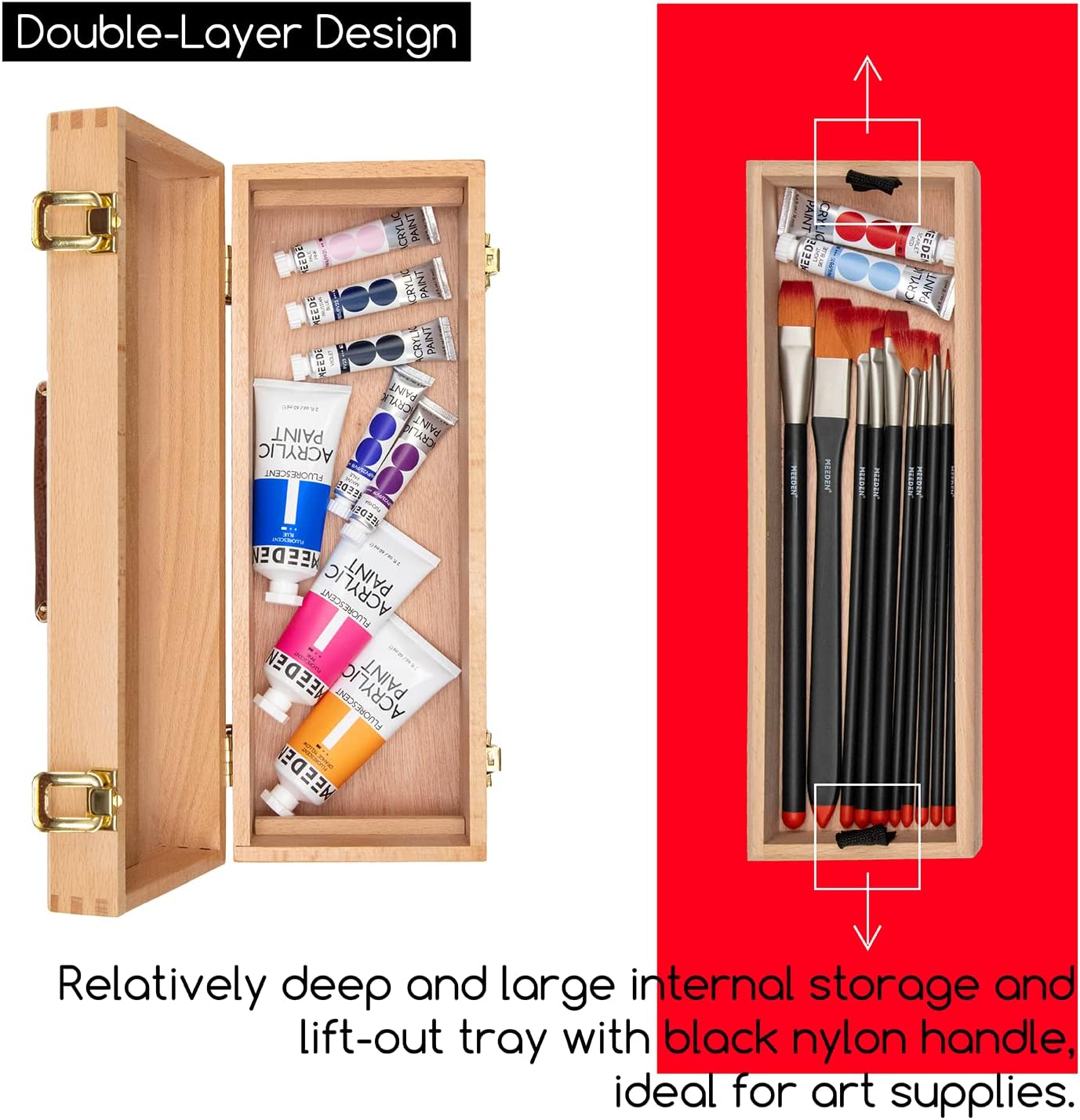MEEDEN Medium Art Supply Storage Box - Multi-Function Solid Beech Wooden Chest/Art Tool Box with Lift Out Trays for Paint Brush, Pencil, Pastel, and More Art Supplies 14-1/5"W × 5-1/8"D × 4-1/3"H