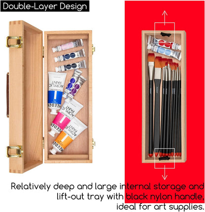 MEEDEN Medium Art Supply Storage Box - Multi-Function Solid Beech Wooden Chest/Art Tool Box with Lift Out Trays for Paint Brush, Pencil, Pastel, and More Art Supplies 14-1/5"W × 5-1/8"D × 4-1/3"H