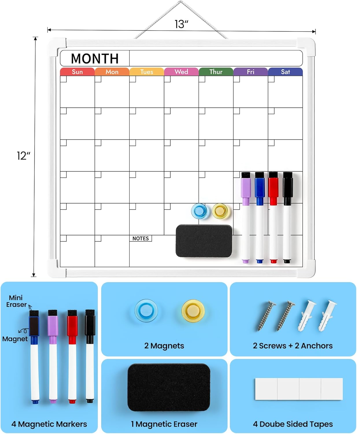 VITEVER Calendar Whiteboard for Wall, Double-Sided Dry Erase Board, Hanging Monthly Planning Board, Small White Board for Memo, to Do List, Home, Kitchen, Office Accessories