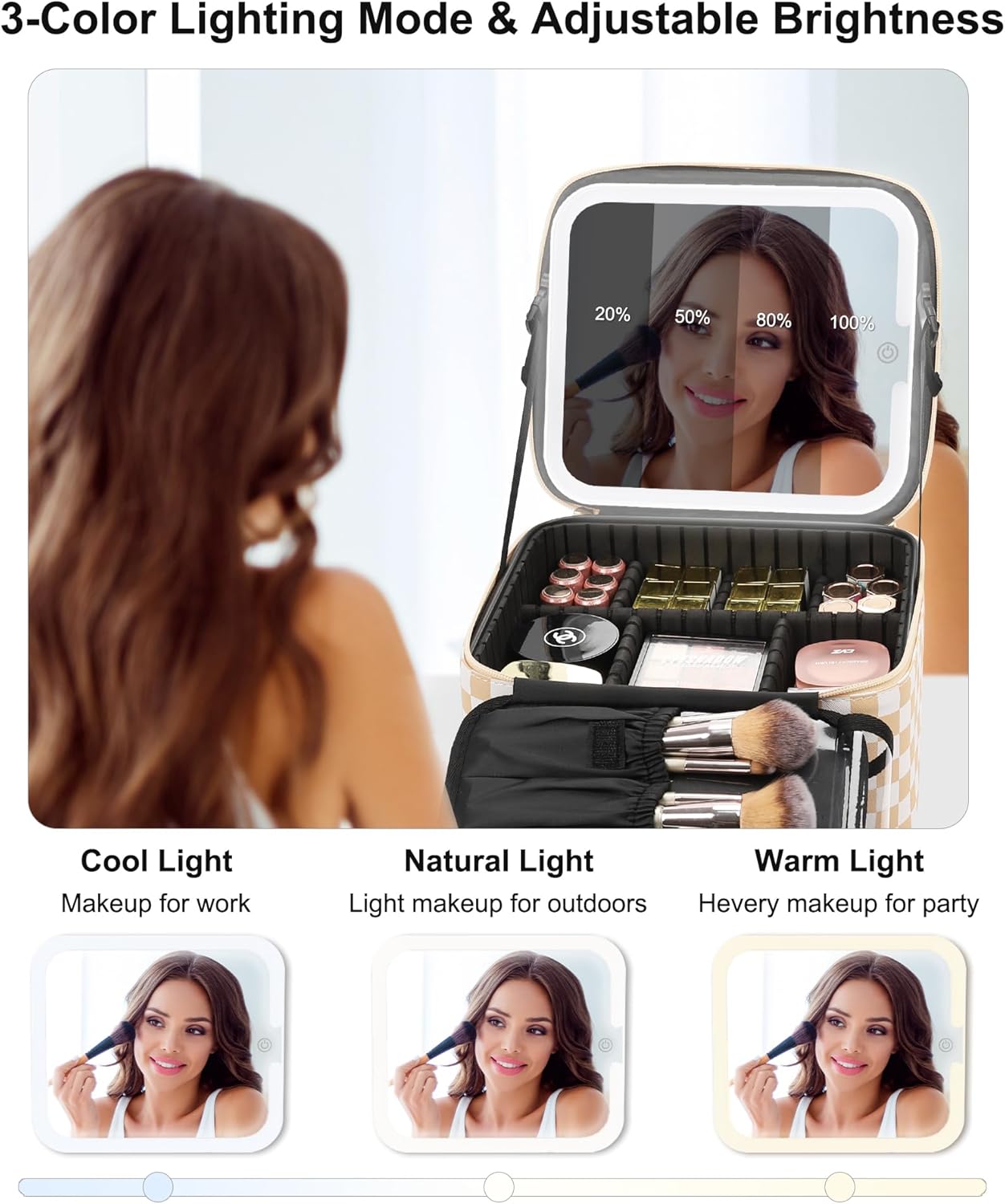 Relavel Travel Makeup Bag With LED Mirror, Cosmetic Train Case with Light up Mirror, Portable Makeup Artist Organizer Bag with Adjustable Dividers, Makeup Brush Holder Storage, Black