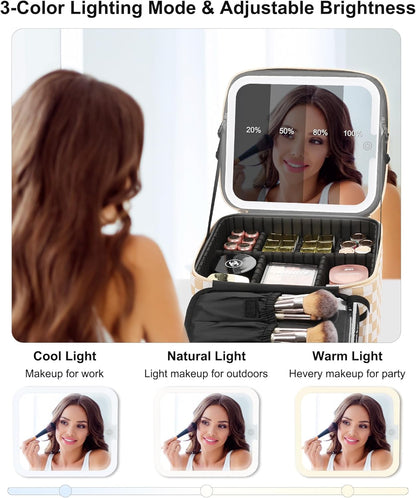 Relavel Travel Makeup Bag With LED Mirror, Cosmetic Train Case with Light up Mirror, Portable Makeup Artist Organizer Bag with Adjustable Dividers, Makeup Brush Holder Storage, Black