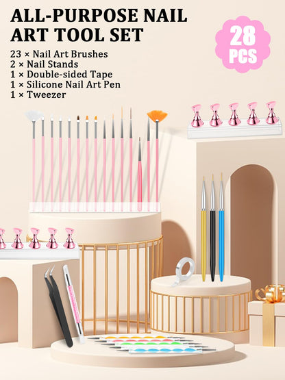 YOOVR Nail Art Tools Set, Nail Stand for Press on Holder for Painting Nails, Nail Art Brushes, Liner Brushes, Nail Dotting Tool, Must Haves Design Tools Supplies Kit for Nail Tech & Beginners (Pink)
