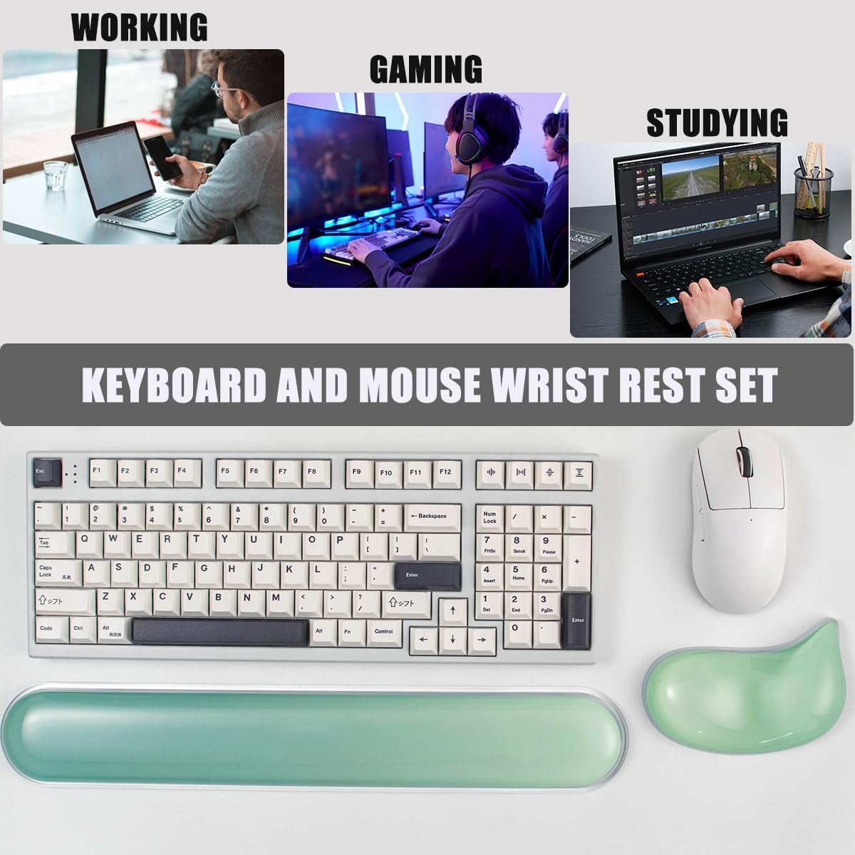 Gel Keyboard and Mouse Wrist Rest Set –White Clear Wrist Rest for Computer Keyboard 60%/68%/75%, Comfort & Support for Typing and Gaming