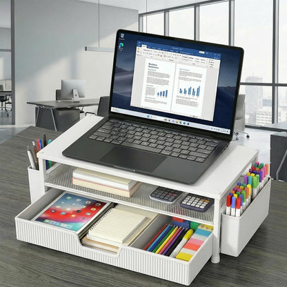 ECOLOVI Desk Organizer and Accessories, 2-Tier Computer Monitor Stand Rise with Storage Drawer & 2 Pen Holders, Laptop & Printer Stand for Desktop, Workspace Organizers for Office Supplies (Brown)