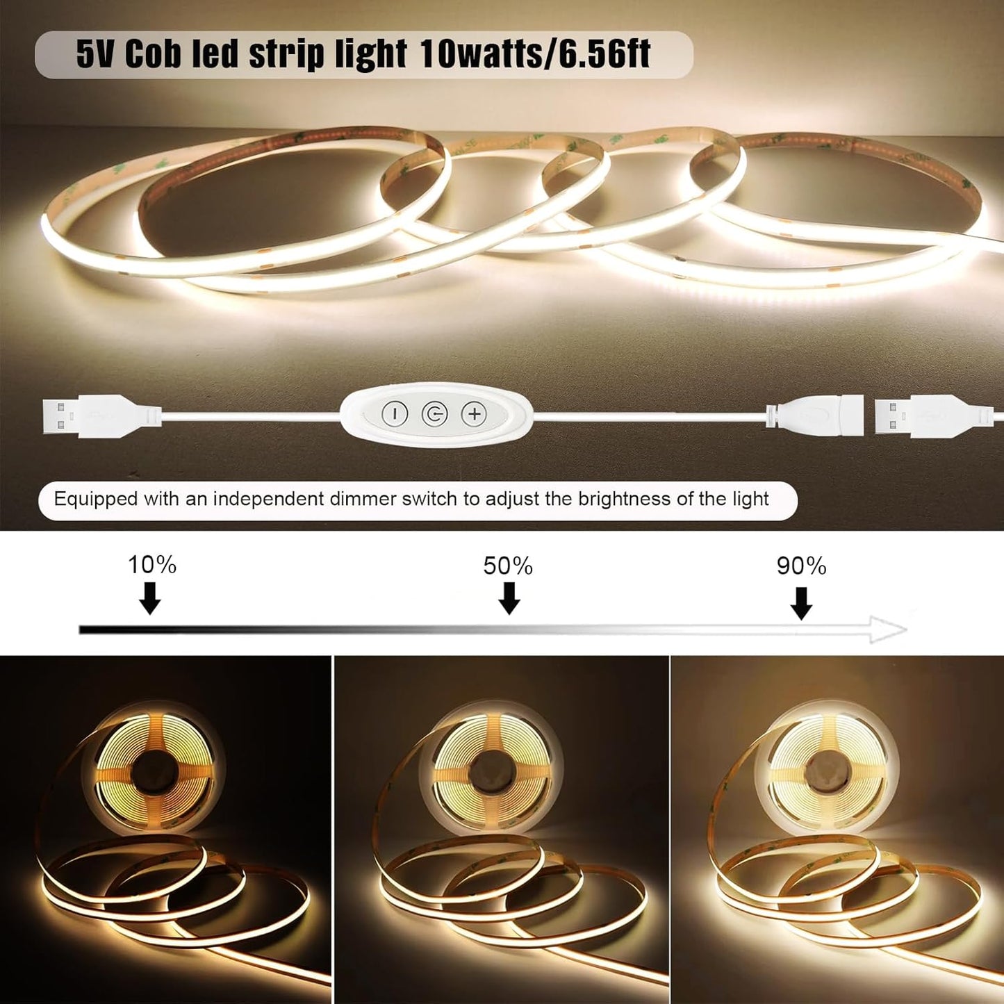 USB Light Strip Warm White 3000K CRI 92+ Small Dimmable COB LED Strip Light Cuttable 5V USB Powered 6 ft 10W for TV Backlight Cabinet Bedroom Indoor DIY Lighting Project