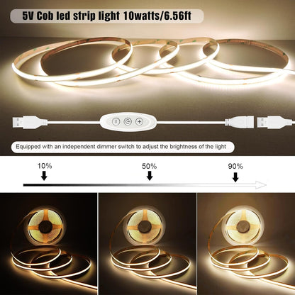 USB Light Strip Warm White 3000K CRI 92+ Small Dimmable COB LED Strip Light Cuttable 5V USB Powered 6 ft 10W for TV Backlight Cabinet Bedroom Indoor DIY Lighting Project