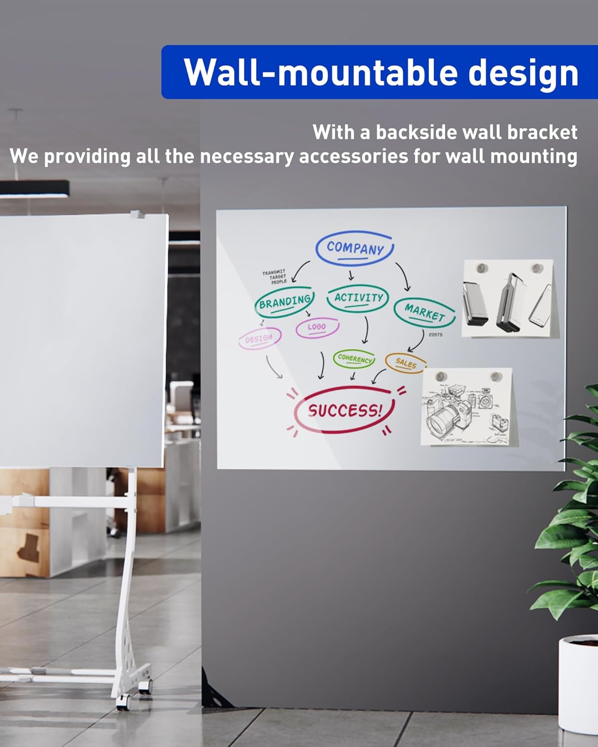 40 x 28 inch Mobile Magnetic Glass Whiteboard, Double-Sided Board with Felt Back and Storage for Office & Classroom, White