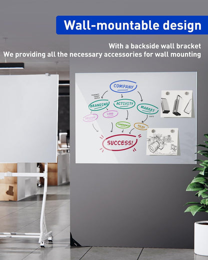 40 x 28 inch Mobile Magnetic Glass Whiteboard, Double-Sided Board with Felt Back and Storage for Office & Classroom, White
