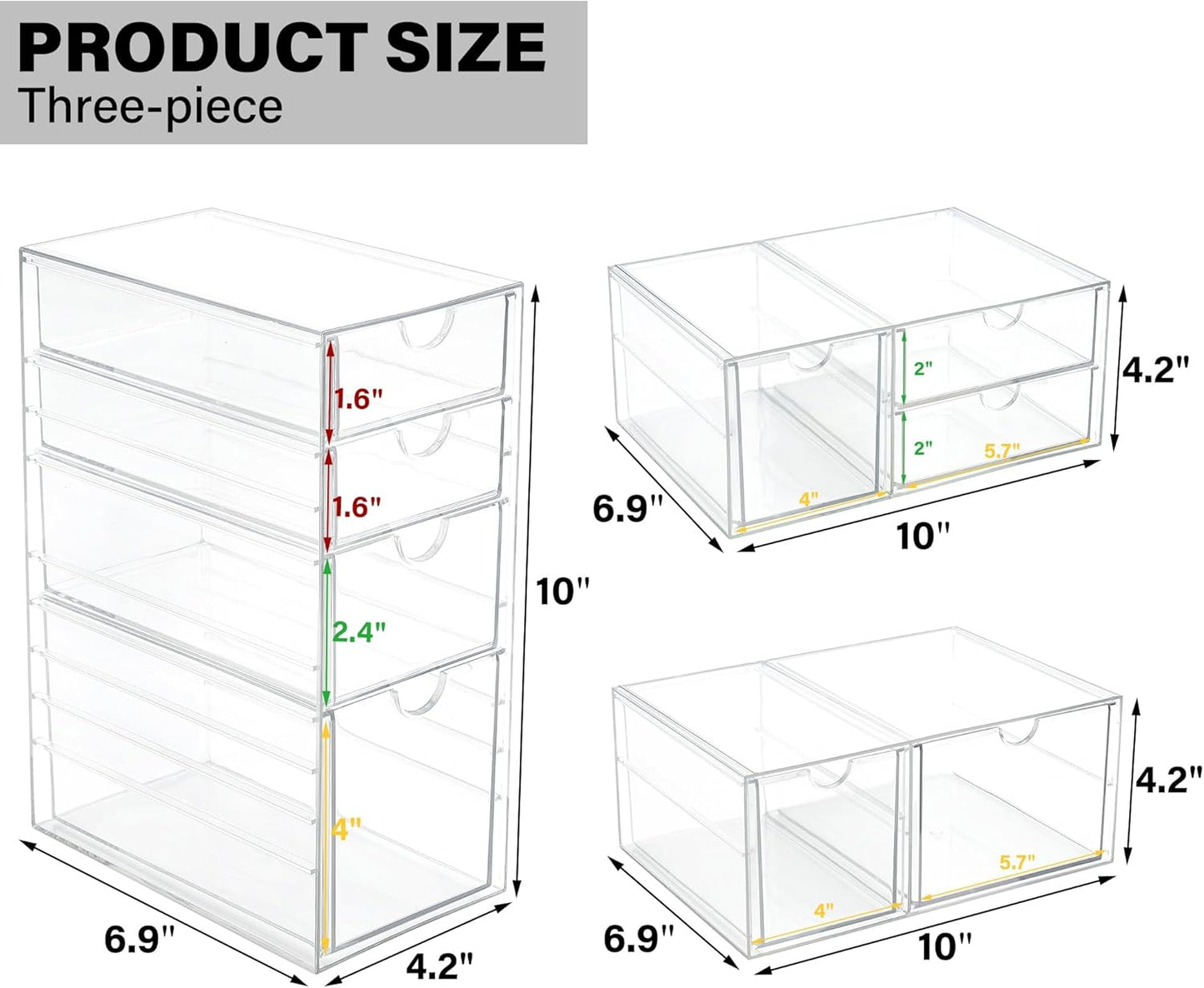 Prsildan Acrylic Drawer Makeup Organizer with 6 Drawers (Not for Baby Bottle), Set of 2 Office Desk Organizers Accessories, Clear Stackable Storage Drawers for Vanity, Craft (Largest Drawer 4" Tall)