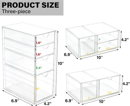 Prsildan Acrylic Drawer Makeup Organizer with 6 Drawers (Not for Baby Bottle), Set of 2 Office Desk Organizers Accessories, Clear Stackable Storage Drawers for Vanity, Craft (Largest Drawer 4" Tall)