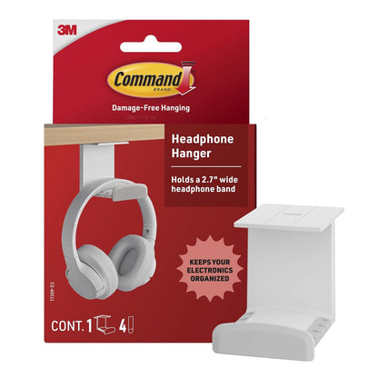 Command Headphone Hanger, 1 Holder and 4 Strips, Holds a 2.7" Wide Band, White, Great for Damage-Free Electronics Organization for Wired or Wireless Headphones