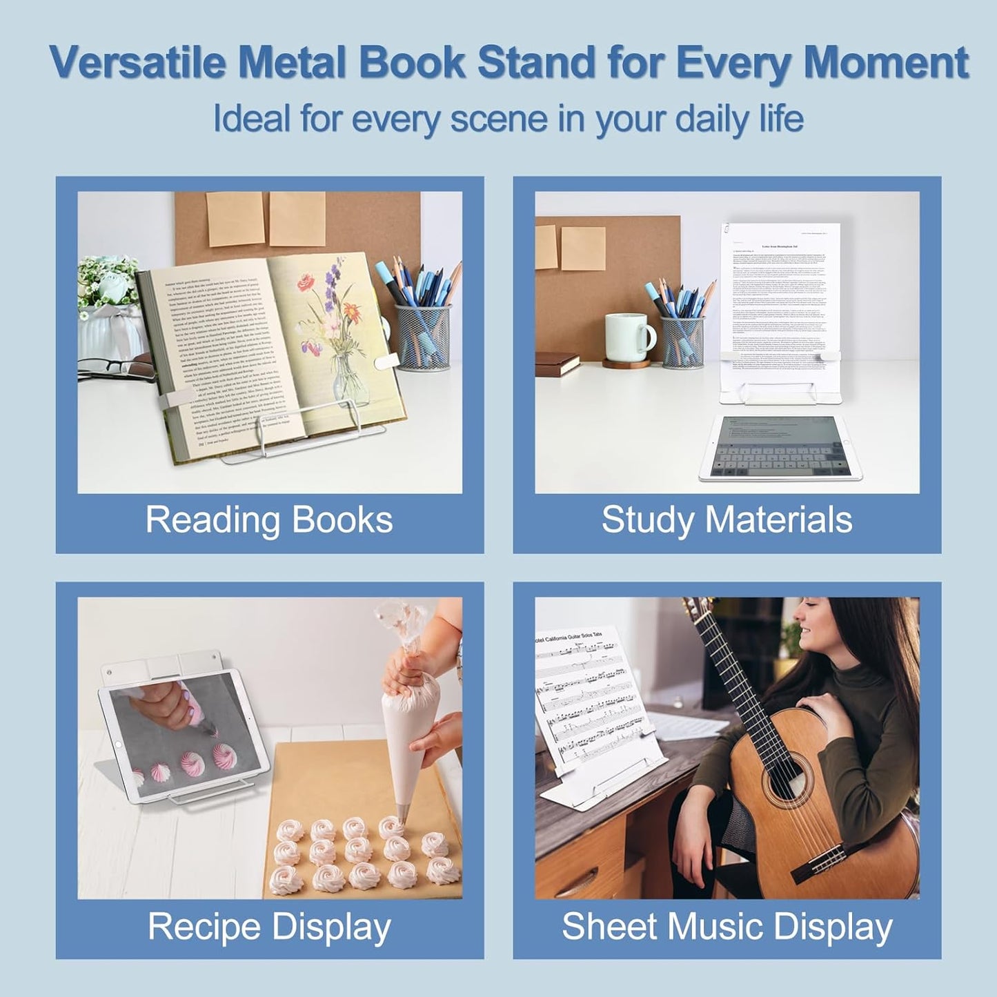 Metal Desk Book Stand for Reading with Adjustable Clips, Hands-Free Foldable Book Holder for Kids, Portable Document Stand for Desk, Display Stand for Recipes, Cookbooks, Tablets - Black