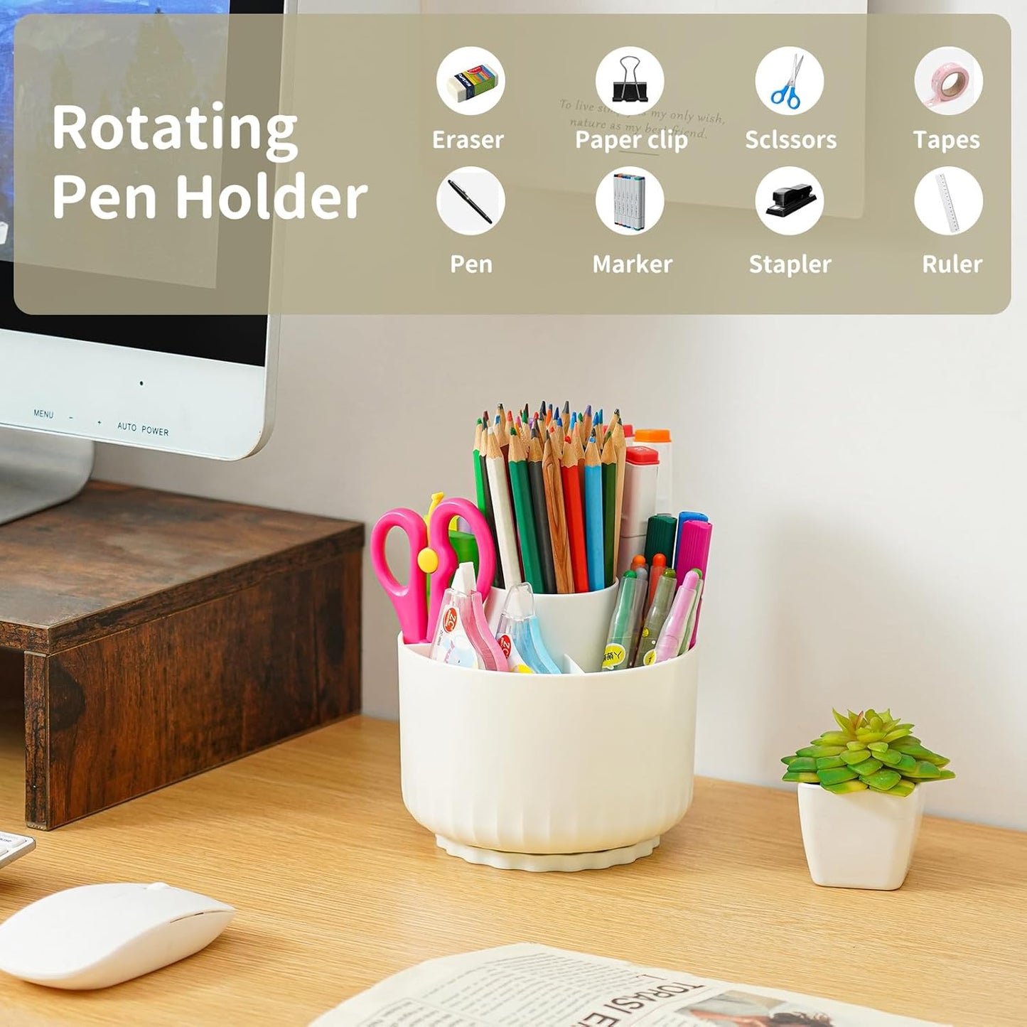 Marbrasse Desk Organizer, 360-Degree Rotating Pen Pencil Holder, Desk Organizers and Accessories with 5 Compartments Pencil Organizer, Art Supply Storage Box Caddy for Office, Home(Beige)
