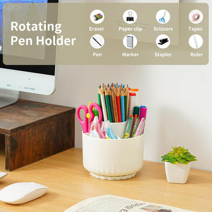 Marbrasse Desk Organizer, 360-Degree Rotating Pen Pencil Holder, Desk Organizers and Accessories with 5 Compartments Pencil Organizer, Art Supply Storage Box Caddy for Office, Home(Beige)