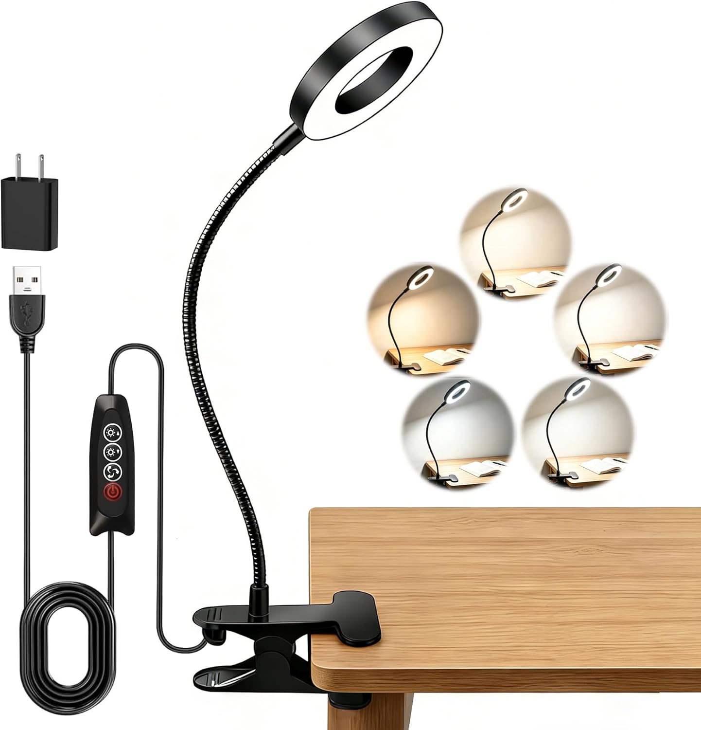 Akynite Desk Lamp Clip on Light, 48 LED USB Clamp Lamp with 5 Color Modes 10 Brightness Levels, 360° Flexible Gooseneck Eye Protection Reading Book Lights for Home Office Study, Adapter Included