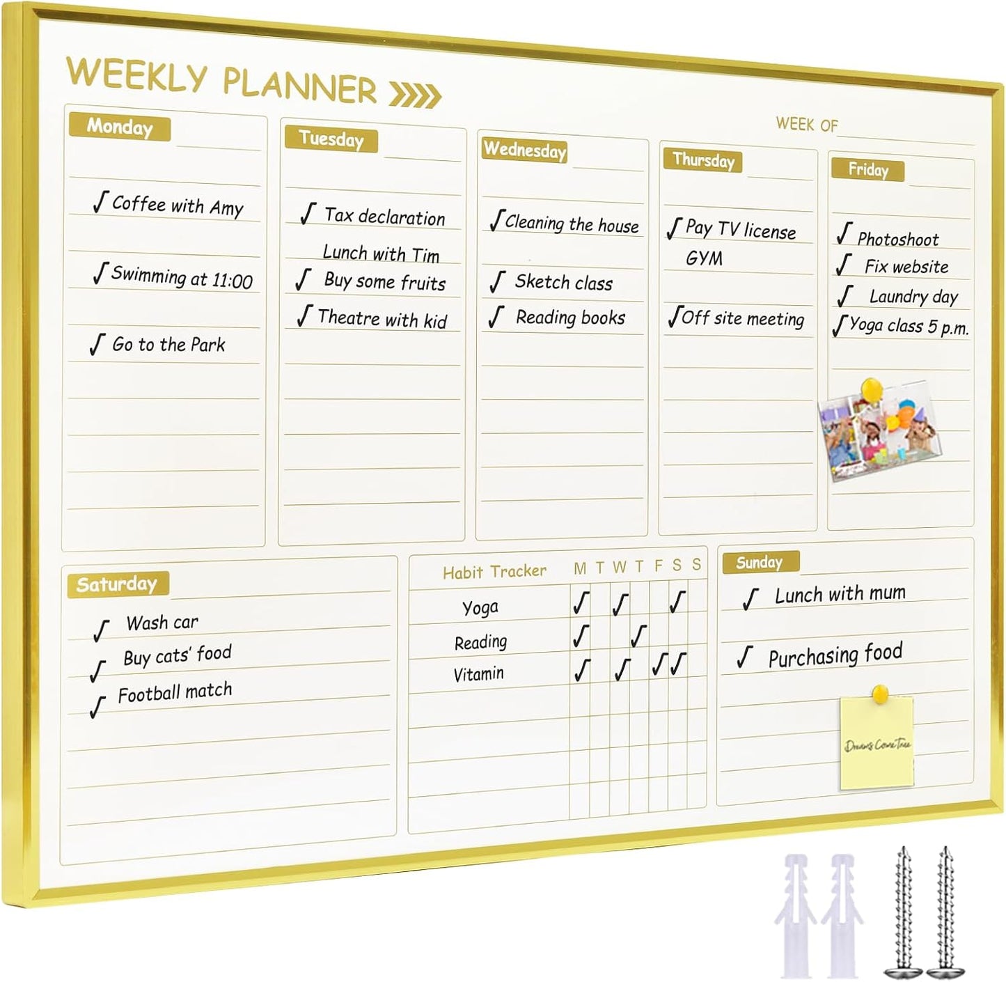 Gold Weekly Dry Erase Board for Wall,12"x16",Small Magnetic Dry Erase Weekly Calendar Board,Gold Metal Frame Weekly Planner Whiteboard for to Do List, Memo, School, Home, Office, Kitchen-GZ