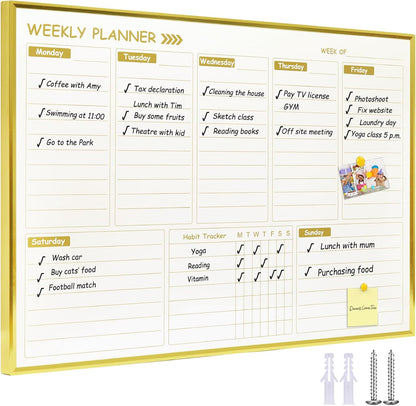Gold Weekly Dry Erase Board for Wall,12"x16",Small Magnetic Dry Erase Weekly Calendar Board,Gold Metal Frame Weekly Planner Whiteboard for to Do List, Memo, School, Home, Office, Kitchen-GZ