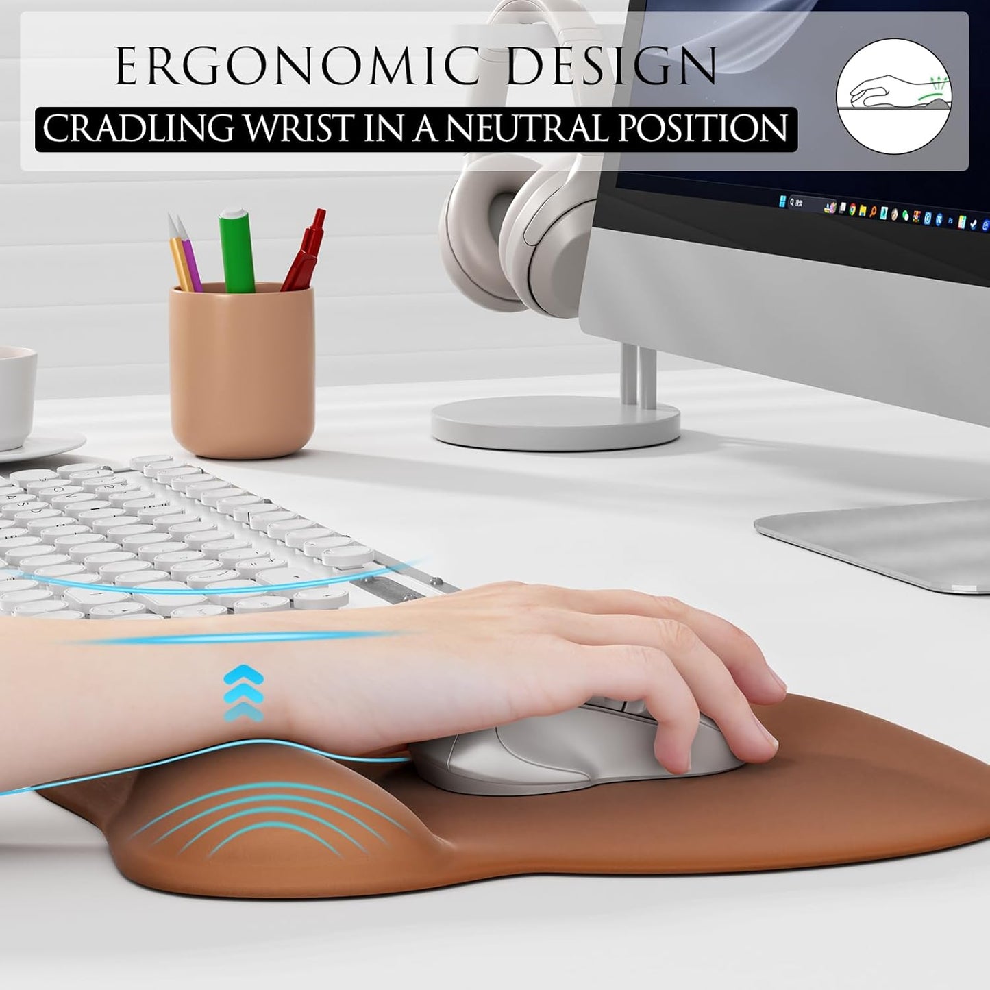 MROCO Ergonomic Mouse Pad with Gel Wrist Rest, Smooth Wrist Support Surface, Non-Slip PU Base for Pain Relief, Comfortable Mousepad for Computer, Laptop, Office & Home, 9.4 x 8.1 in, Black
