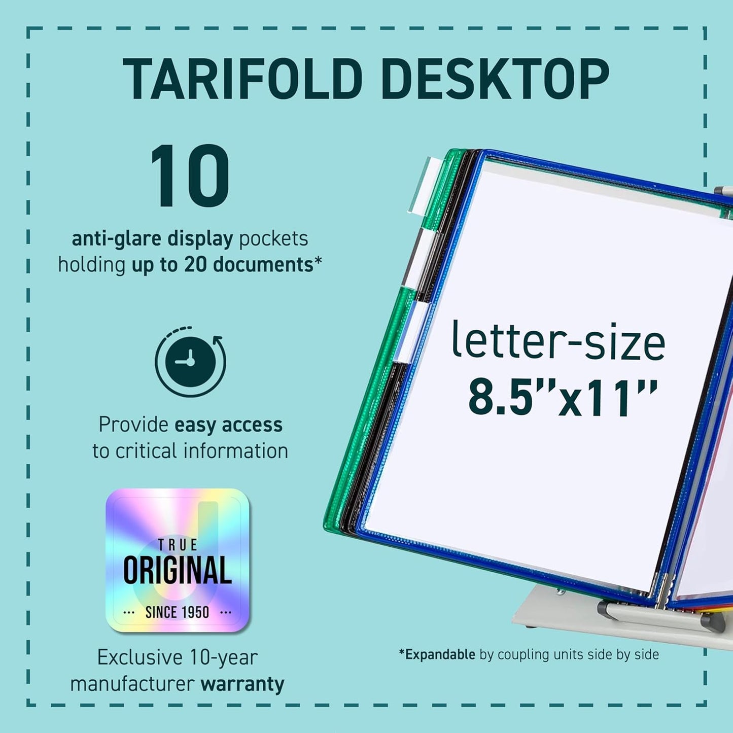 Tarifold Desktop Reference Organizer & Display System, 10 Double-Sided Pockets, 20 Sheet Capacity, Expandable, Durable Steel Wire Frames, Letter Size, Made in France, Black