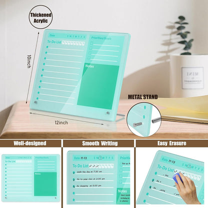 Desktop Thickened Acrylic Dry Erase Board to do List Planner Board，12"x10"，Tabletop Whiteboard with Stand，Frameless Green Dry Erase White Board，for Office/Home/School