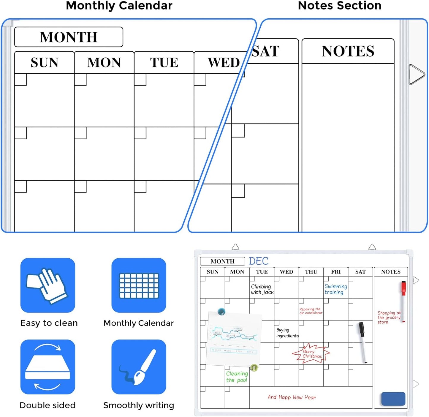 MaxGear Monthly Calendar Dry Erase Board for Wall, 16"x12" Small Hanging Double-Sided White Board, Portable Whiteboard for Planning, Drawing, Memo, to Do List, School, Home, Kitchen, Office