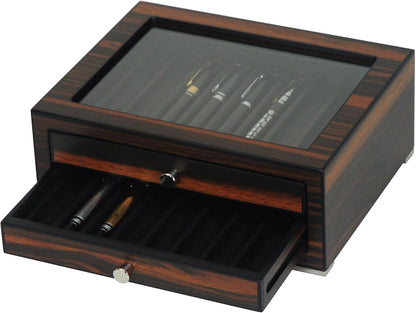 Stackable Wooden Display Case with Drawer – Slot Ebony Pen Cabinet, Luxury Fountain Pen Storage Box with Glass Window for Collection (2)