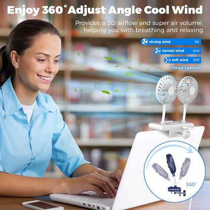 USB Monitor Clip on Fan via Flip-Open LED Light Bar, Two-Head Personal Cooling desktop Laptop Quiet USB Fan for Office, 3 Wind Speeds, for Flat, Curved Monitors (Deepsea Blue)