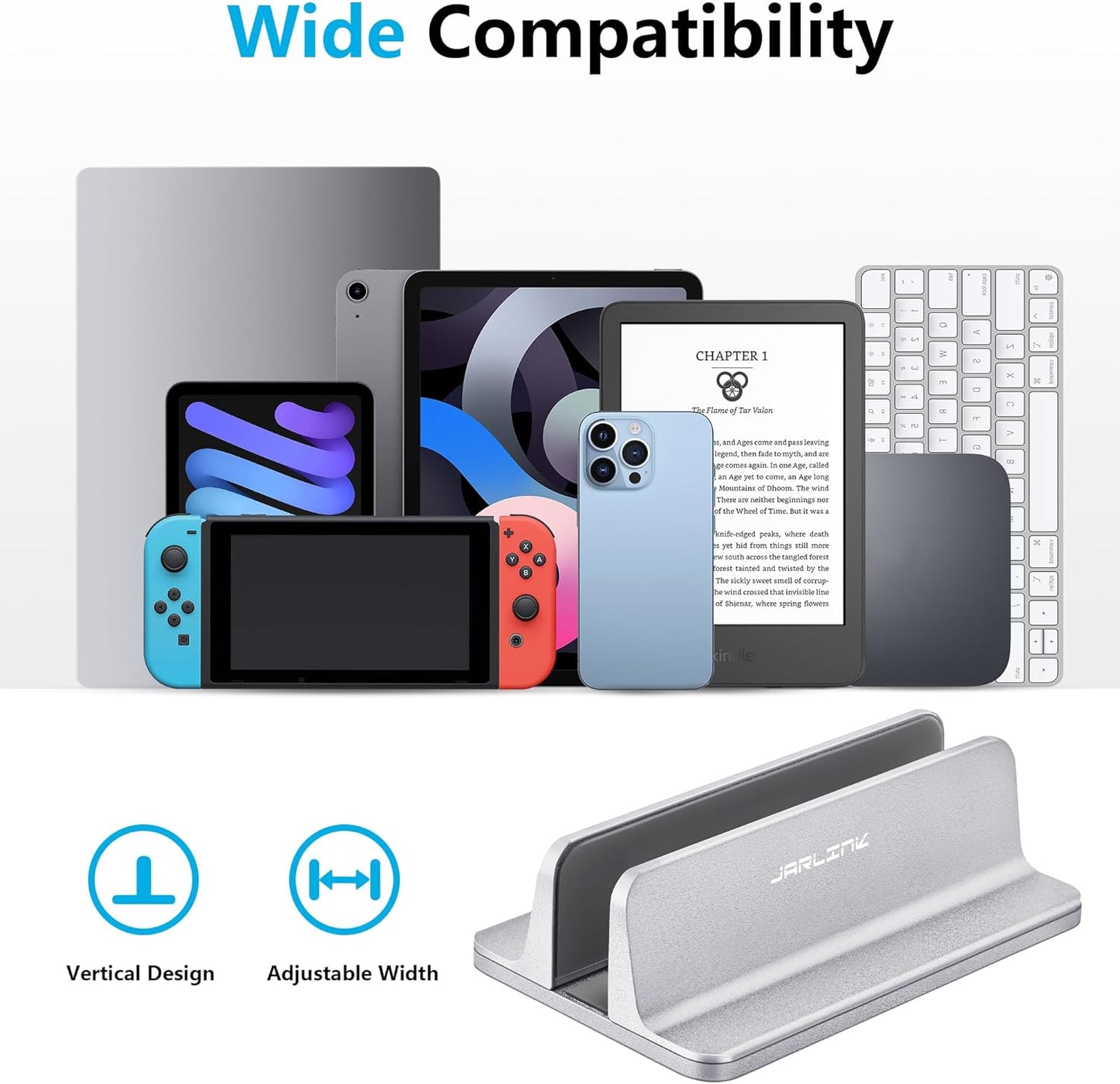 JARLINK Vertical Laptop Stand Holder, Aluminum Double Desktop Stand Holder with Adjustable Dock (Up to 17.3 inch), Compatible with MacBook, Surface, Chromebook, and Gaming Laptops, Silver