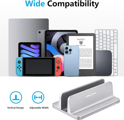JARLINK Vertical Laptop Stand Holder, Aluminum Double Desktop Stand Holder with Adjustable Dock (Up to 17.3 inch), Compatible with MacBook, Surface, Chromebook, and Gaming Laptops, Silver