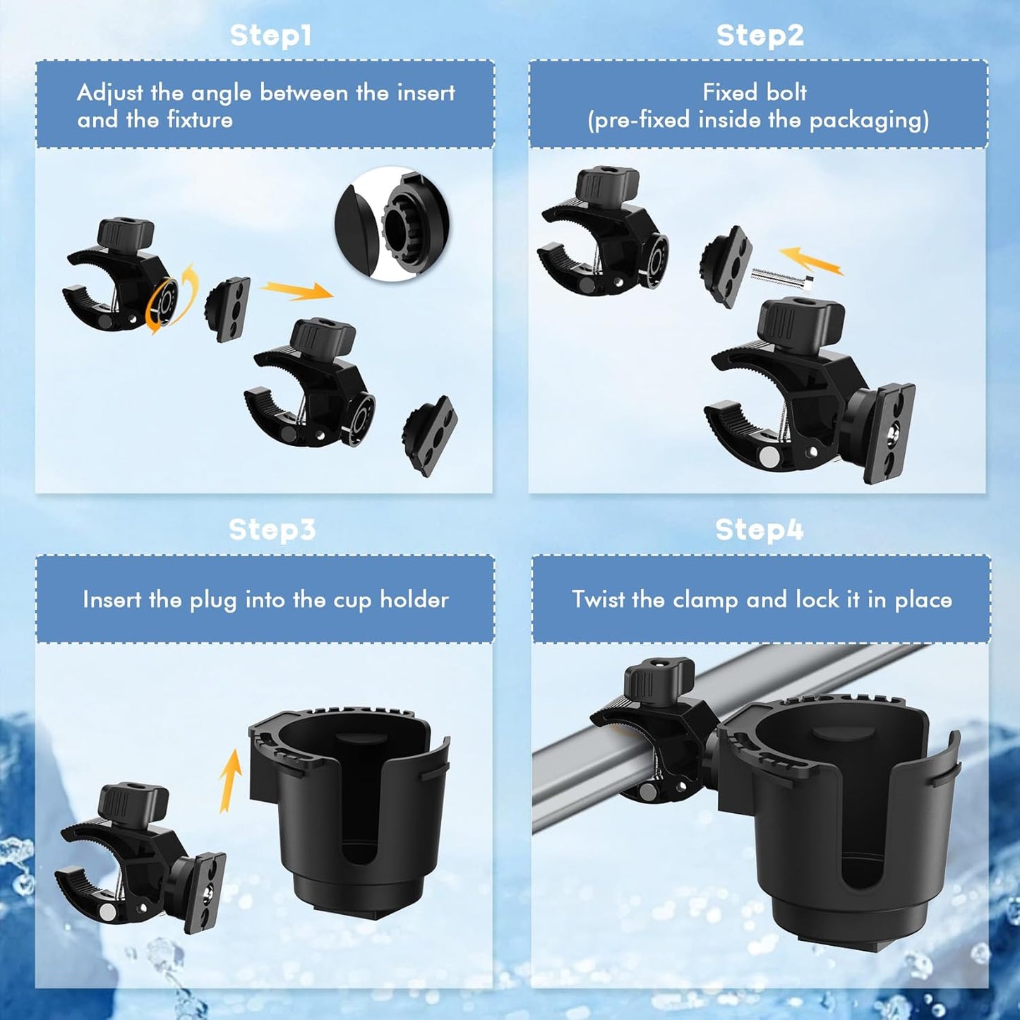 Cup Holder with 0.6"-1.5" Aluminum Clamp - Drink Holder for ATV, Motorcycle, Bike, Wheelchair, Golf Cart, Fits Maximum Diameter of 3.38 inches Bottles.