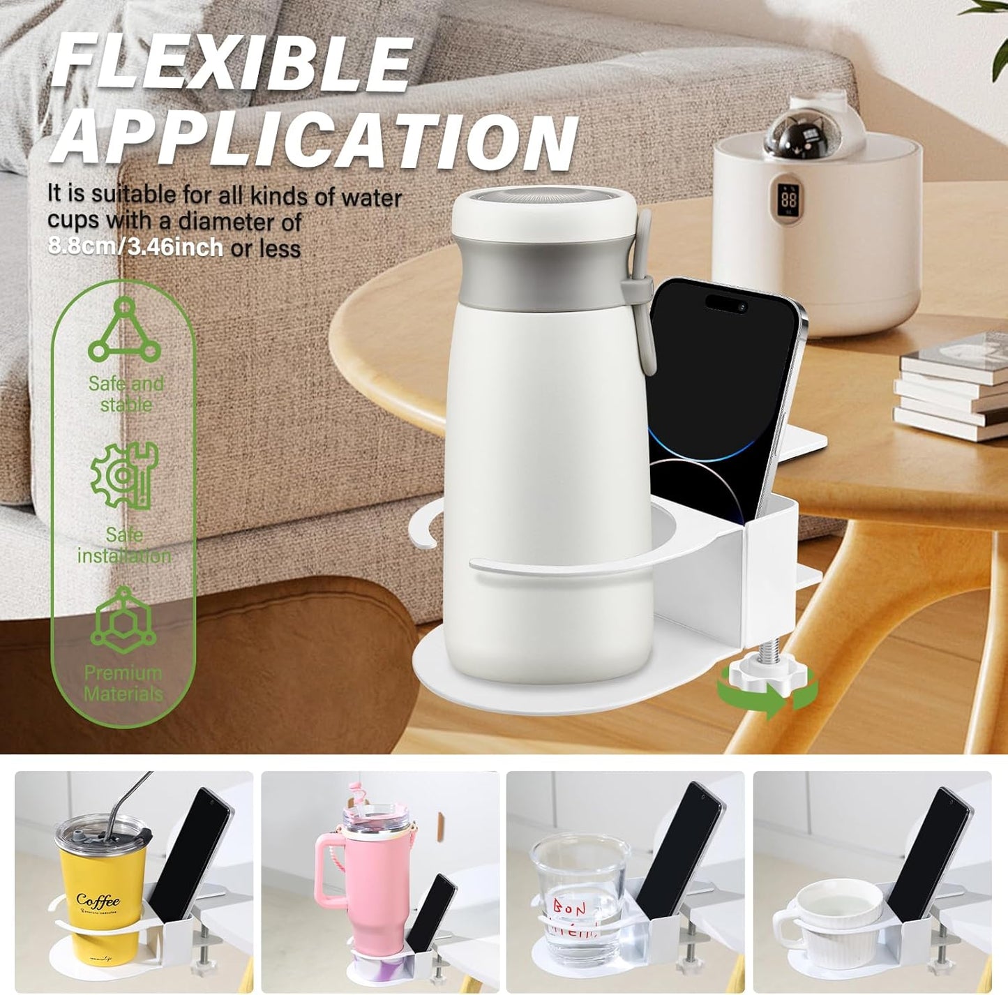 Desk Cup Holder for Coffee Mugs, Tumblers, Water Bottles with Mobile Phone Stand, Anti-Spill Metal School Home Office Accessories (White-1)