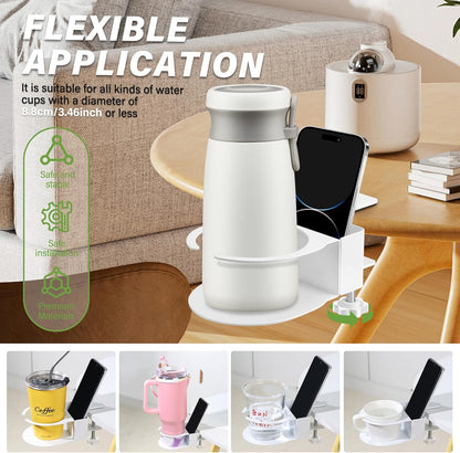 Desk Cup Holder for Coffee Mugs, Tumblers, Water Bottles with Mobile Phone Stand, Anti-Spill Metal School Home Office Accessories (White-1)