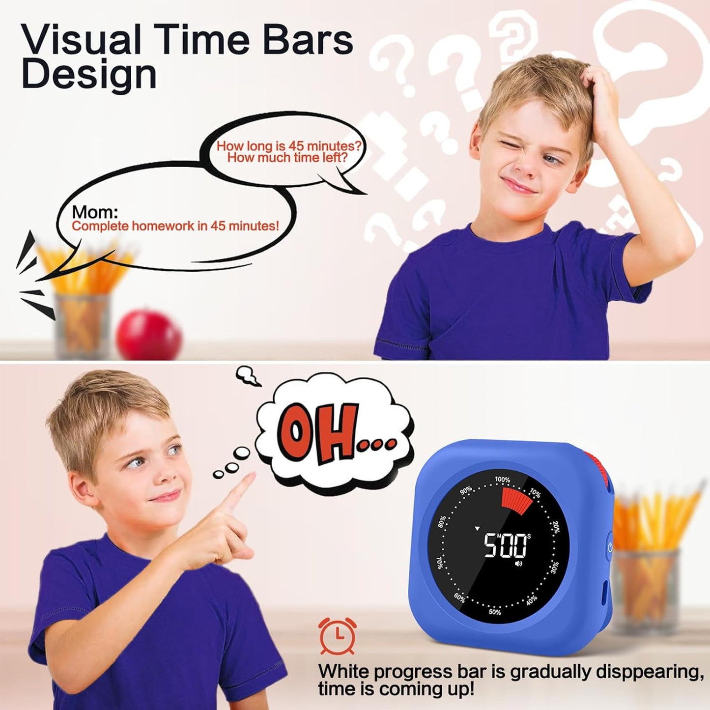 Visual Timer for Classroom Rechargeable, 10-Hour Digital Timers with Visual Time Bars Design, 3 Brightness/3 Volume Adjustable Magnetic Timer, Countdown/up Timer for Study Game Gym Kitchen Office