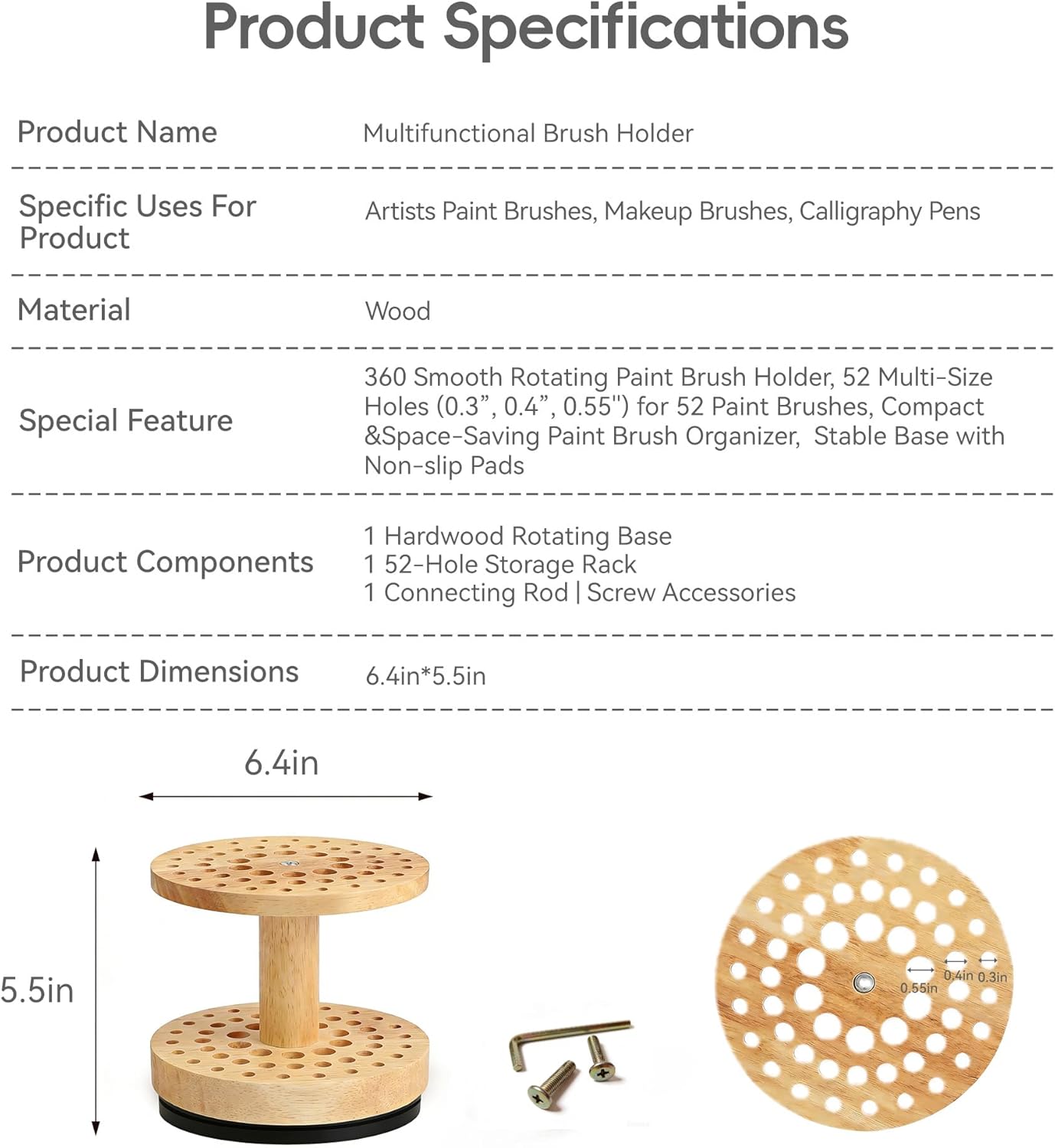 360° Rotating Brush Storage Rack|52-Hole Brush Holder|Hardwood Storage Stand|Space-Saving Brush Organizer|Suitable for Artist Brushes,Craft Tools, Makeup Brushes,Calligraphy Pens